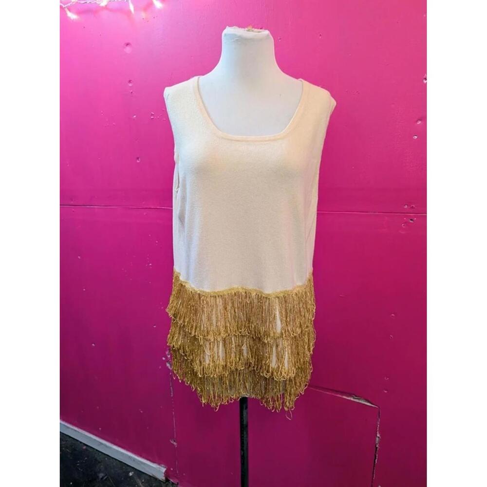 Upcycled Fringe Gold Looped Fringe Cashmere Silk Knit Tank XXL 2X